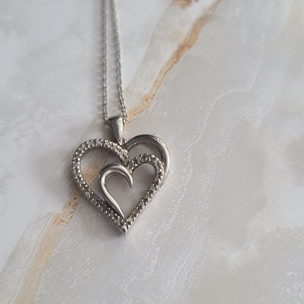 Diamond And Sterling Silver Open Heart Pendant Necklace